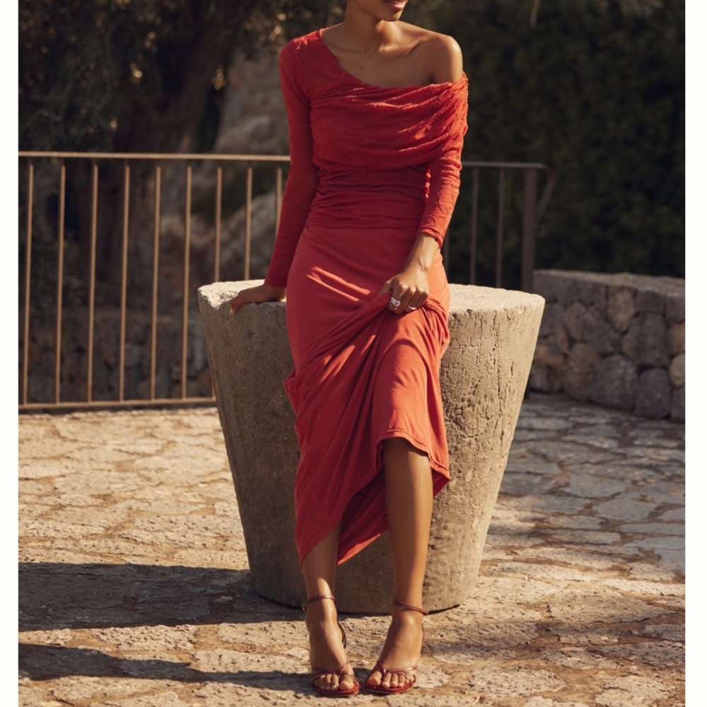 🟤NWT SOVERE at ANTHROPOLOGIE Venus Long-Sleeve Ruched Maxi Dress Spiced Apple-M